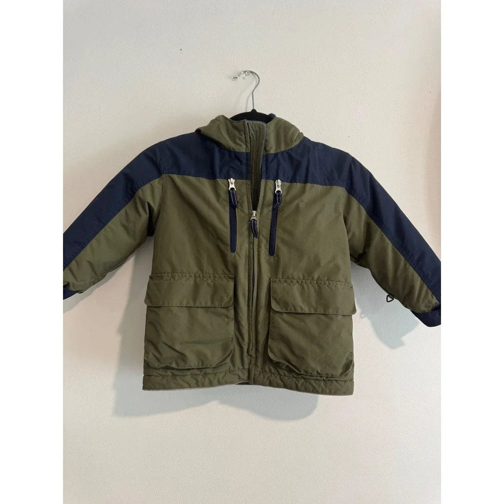 Lands End Squall Hooded Winter Jacket Boys Size 4 Green Blue Fleece Lined